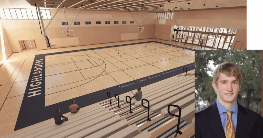 Digital rendering of gym with photo of Johnson in the bottom right corner.